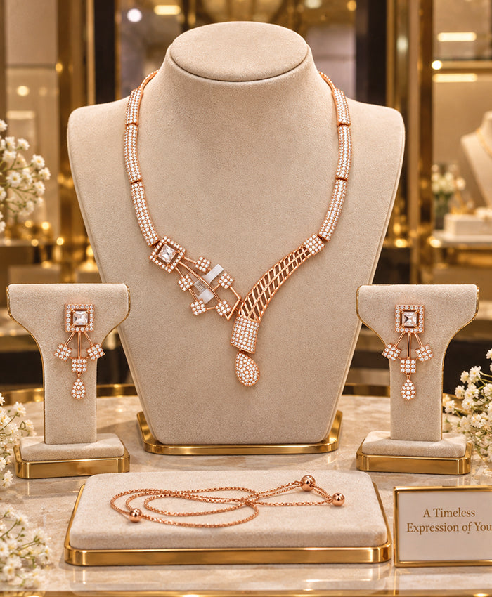 Elegant Rose Gold-Tone Crystal Necklace & Earrings Set