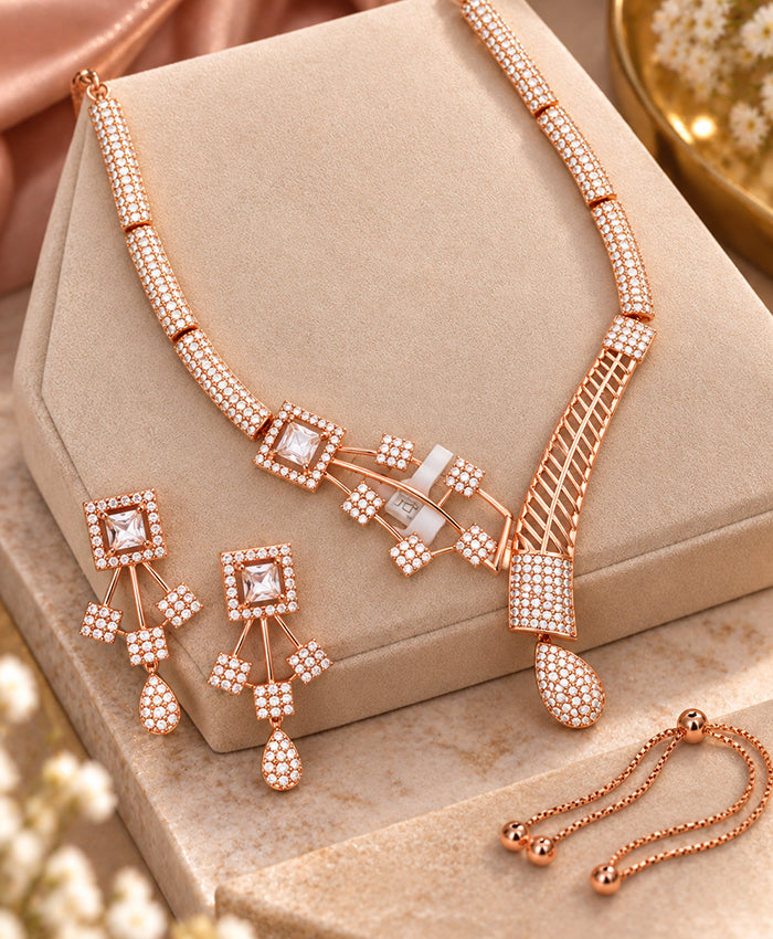 Elegant Rose Gold-Tone Crystal Necklace & Earrings Set