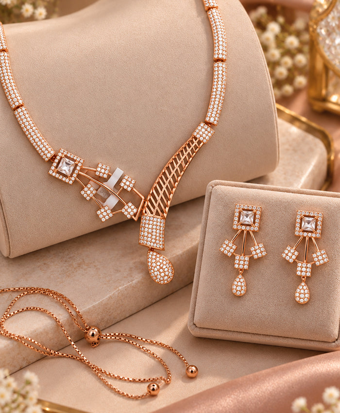 Elegant Rose Gold-Tone Crystal Necklace & Earrings Set