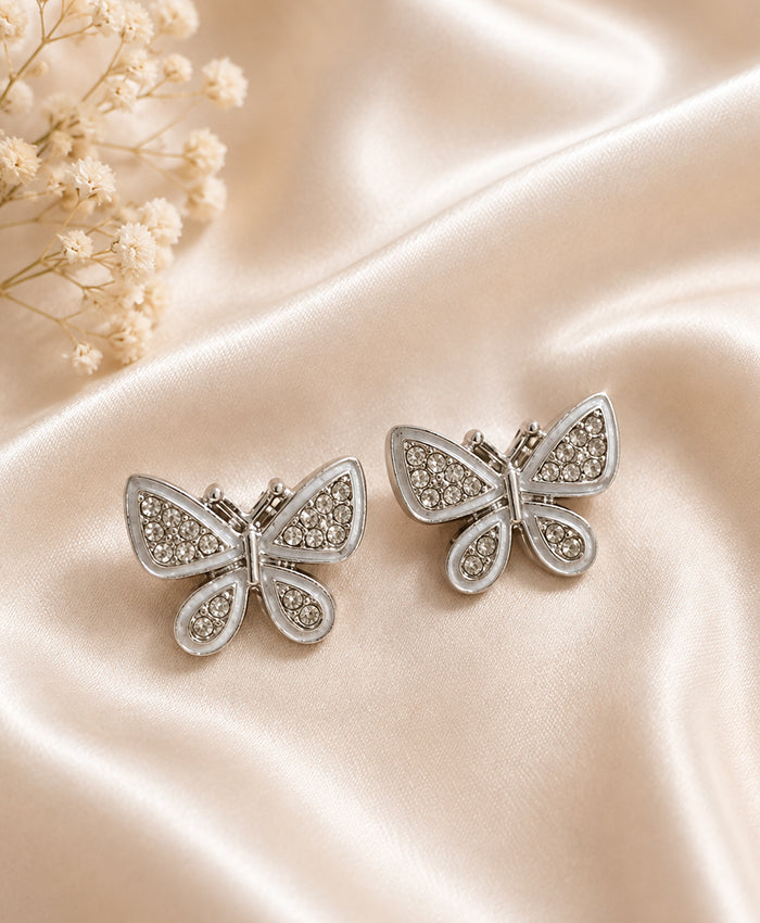 Elegant Silver Butterfly Crystal Stud Earrings