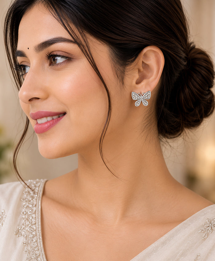 Elegant Silver Butterfly Crystal Stud Earrings