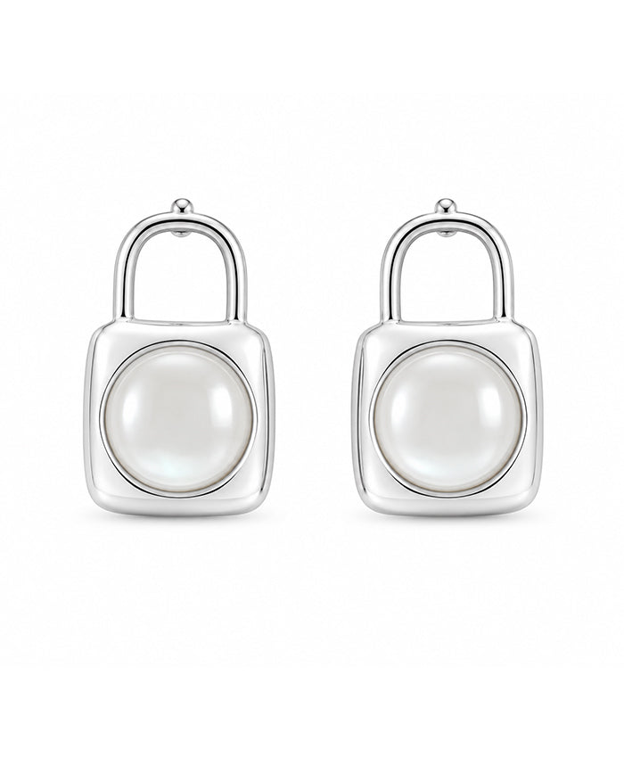 Elegant Silver Lock-Inspired Pearl Stud Earrings
