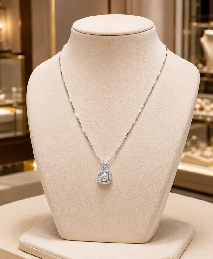 Elegant Silver-Tone Cushion Halo Pendant Necklace