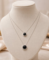 Elegant Silver-Tone Double Layer Black Circle Pendant Necklace