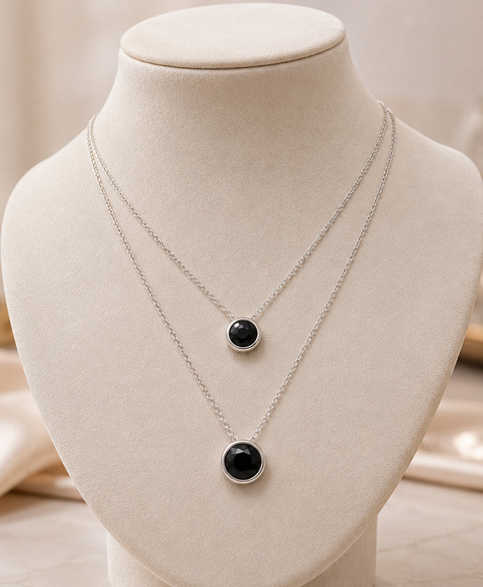 Elegant Silver-Tone Double Layer Black Circle Pendant Necklace