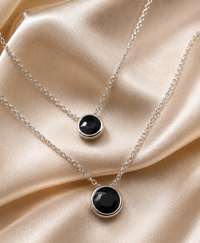 Elegant Silver-Tone Double Layer Black Circle Pendant Necklace