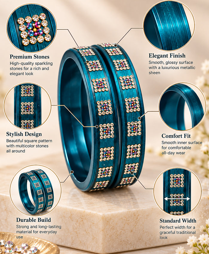 Elegant Teal Blue Multicolor Stone Studded Designer Lac Bangle Set
