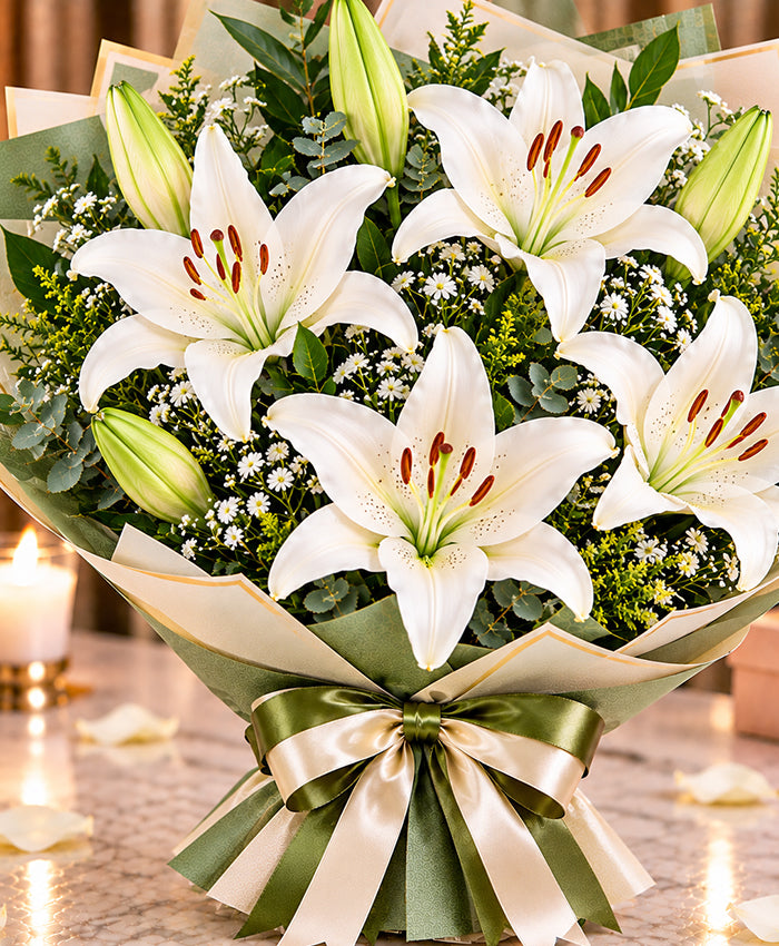 Elegant White Lily Bouquet – 5 Lilies