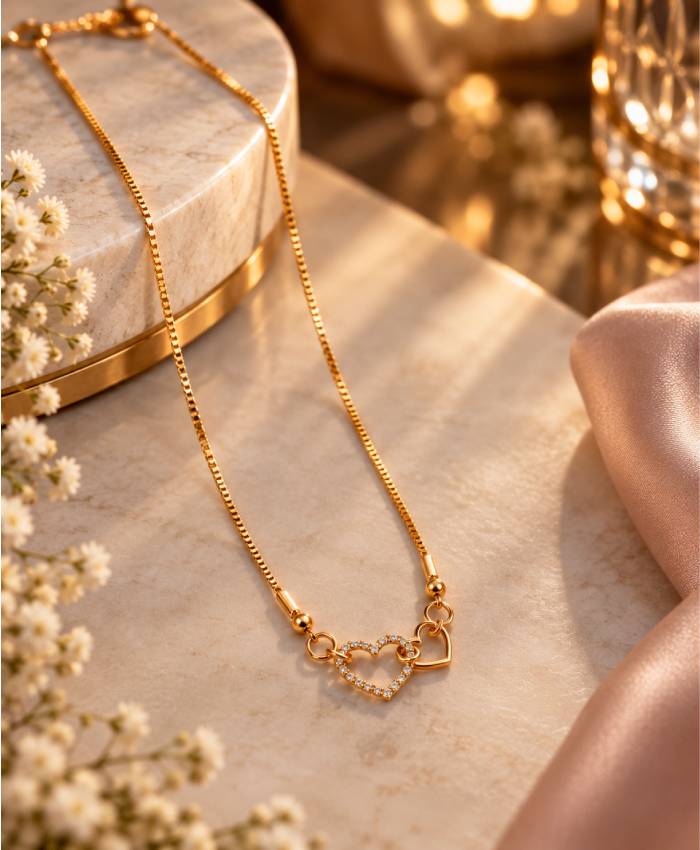 Elegant Gold-Tone Double Heart Charm Necklace – Dainty Everyday & Romantic Jewelry