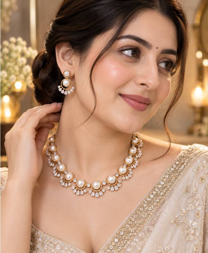 Elegant Pearl & Crystal Gold-Tone Necklace Set with Matching Earrings