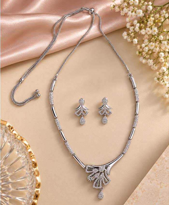 Elegant Silver-Tone Bow Pendant Necklace & Earrings Set
