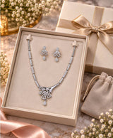 Elegant Silver-Tone Bow Pendant Necklace & Earrings Set