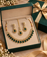 Emerald Green Crystal Bridal Necklace Set with Earrings & Maang Tikka