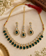 Emerald Green Crystal Bridal Necklace Set with Earrings & Maang Tikka