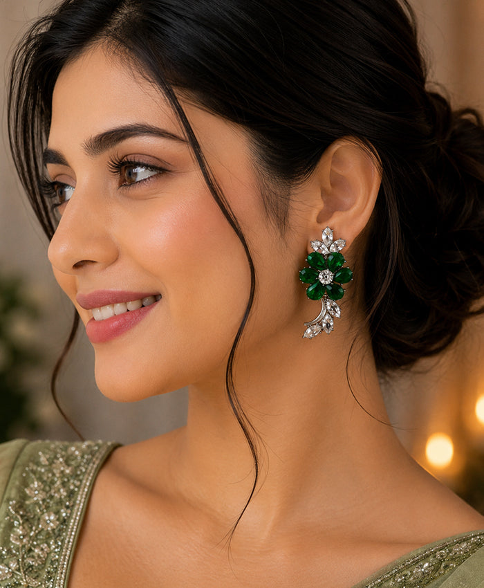 Emerald Green Floral Crystal Ear Climbers