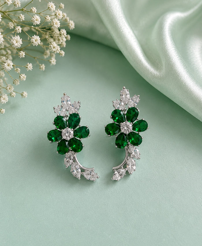 Emerald Green Floral Crystal Ear Climbers