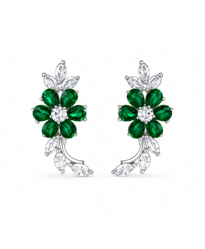 Emerald Green Floral Crystal Ear Climbers