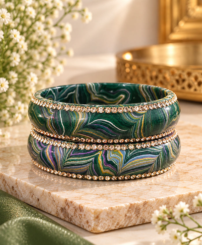 Emerald Green Multicolor Marble Rhinestone Lac Bangle Set