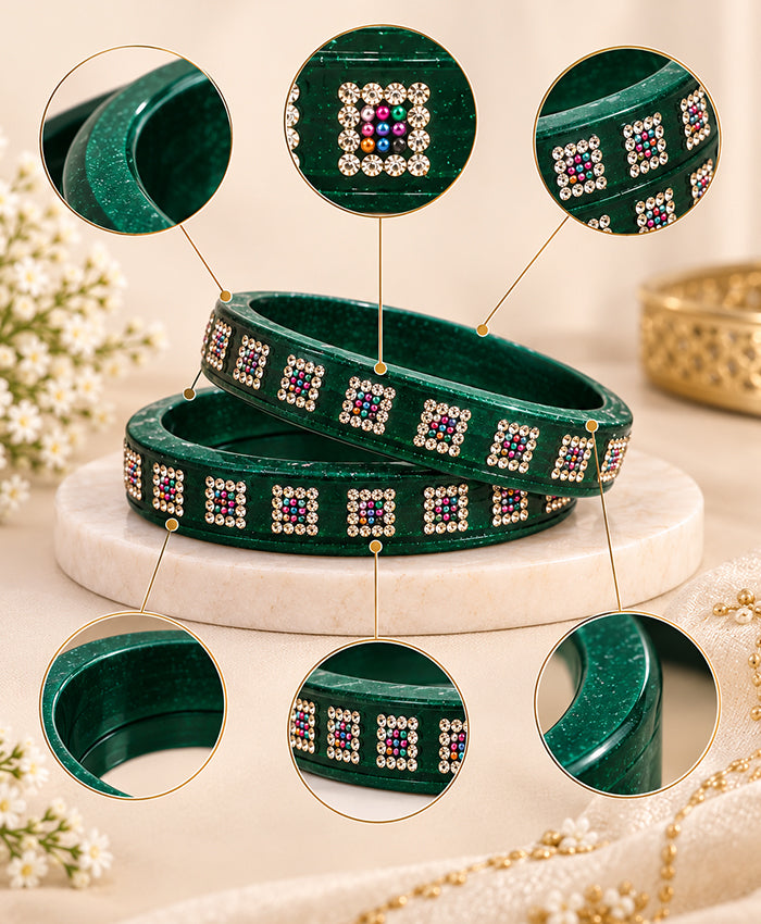 Emerald Green Multicolour Rhinestone Designer Lac Bangle Set
