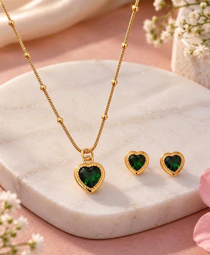Emerald Heart Gold-Tone Necklace & Earrings Set