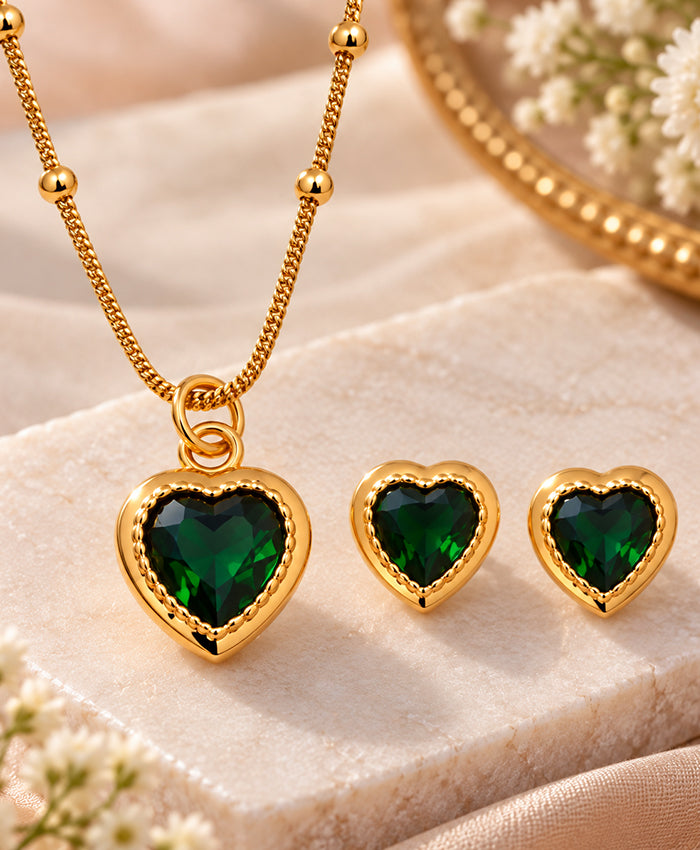Emerald Heart Gold-Tone Necklace & Earrings Set
