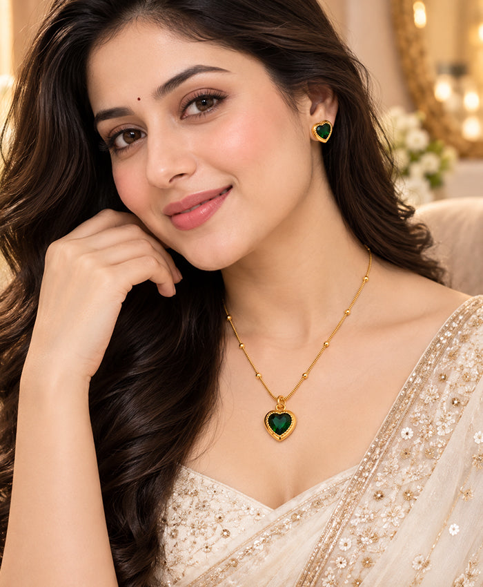 Emerald Heart Gold-Tone Necklace & Earrings Set