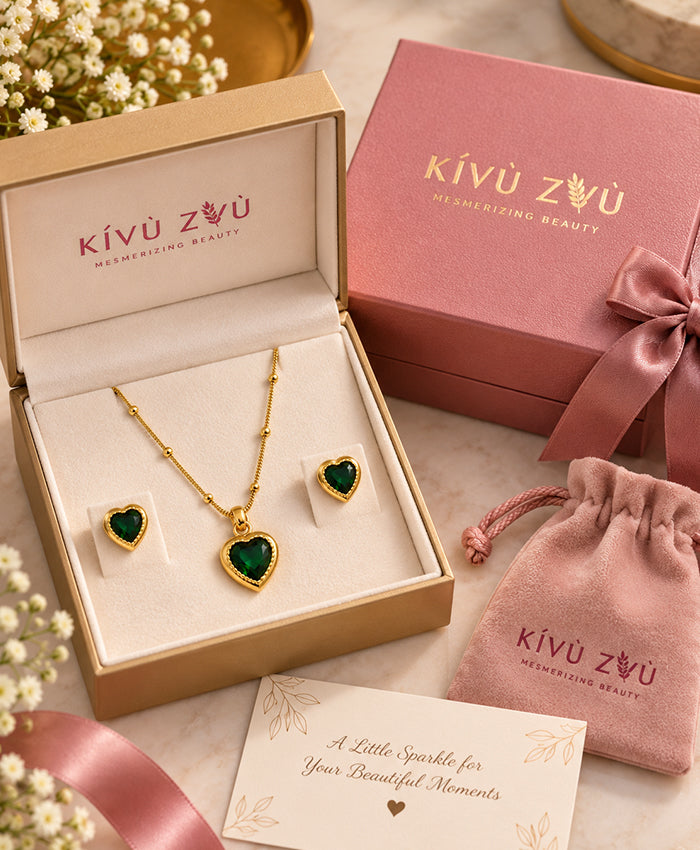 Emerald Heart Gold-Tone Necklace & Earrings Set