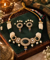 Emerald Green Pearl Kundan Necklace Set