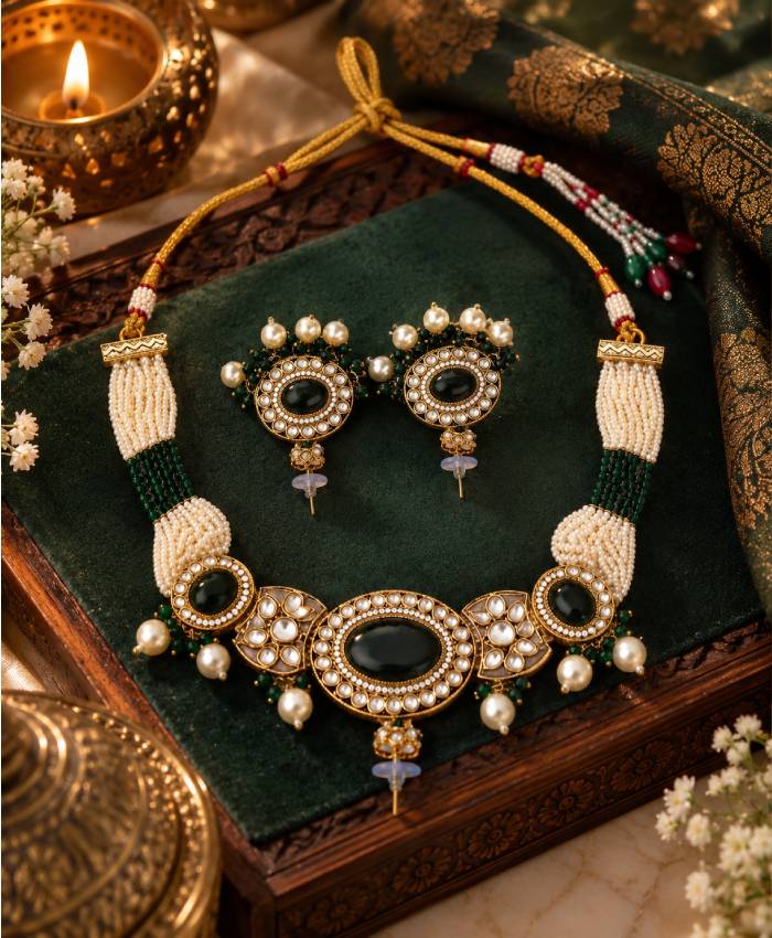 Emerald Green Pearl Kundan Necklace Set