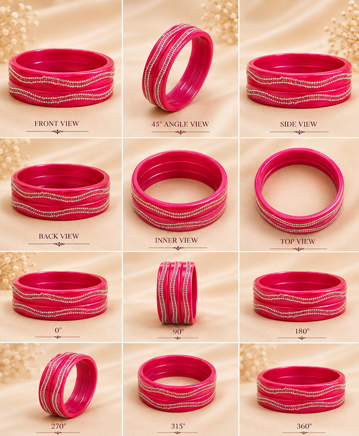 Fuchsia Pink Crystal Wavy-Detail Designer Lac Bangle Set