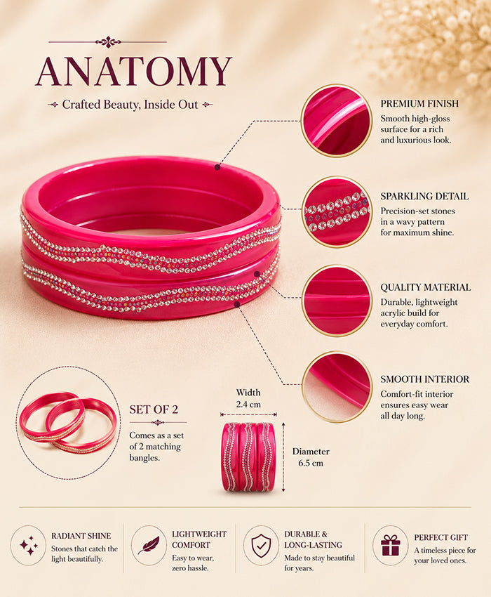 Fuchsia Pink Crystal Wavy-Detail Designer Lac Bangle Set