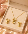 Gold-Tone Bow & Heart Necklace with Matching Heart Earrings for Women