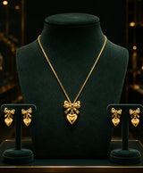 Gold-Tone Bow & Heart Necklace with Matching Heart Earrings for Women