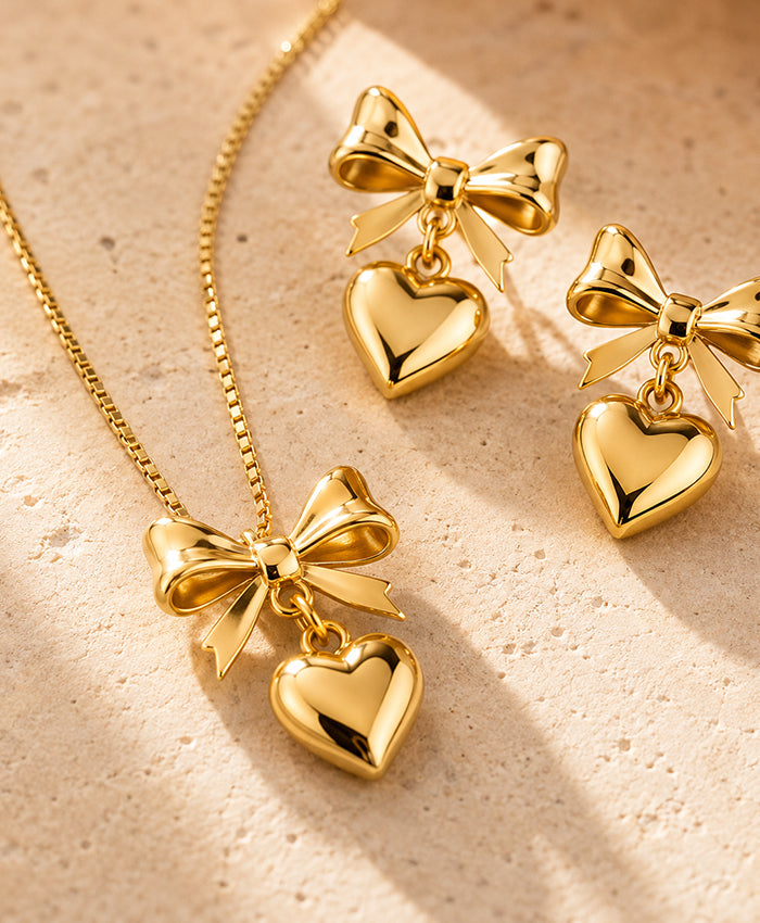 Gold-Tone Bow & Heart Necklace with Matching Heart Earrings for Women