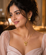 Gold-Tone Bow & Heart Necklace with Matching Heart Earrings for Women