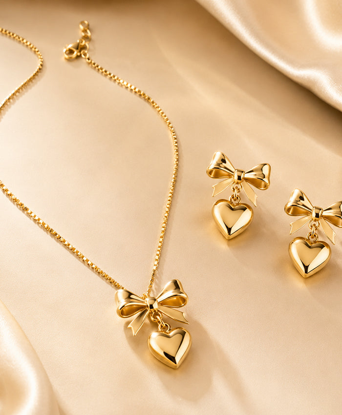 Gold-Tone Bow & Heart Necklace with Matching Heart Earrings for Women