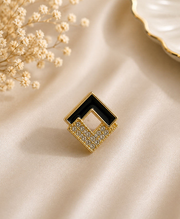 Golden Black Enamel Geometric CZ Stud Earrings