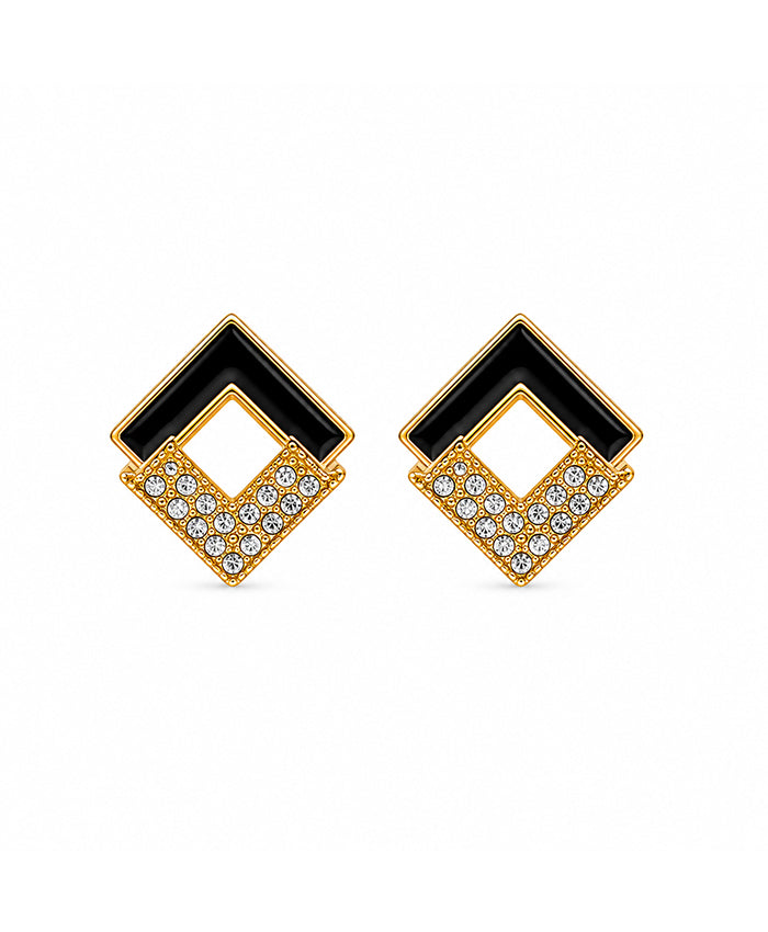 Golden Black Enamel Geometric CZ Stud Earrings