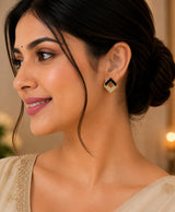 Golden Black Enamel Geometric CZ Stud Earrings