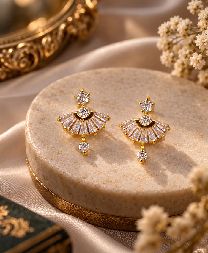 Golden Fan Sparkle Crystal Drop Earrings for Women