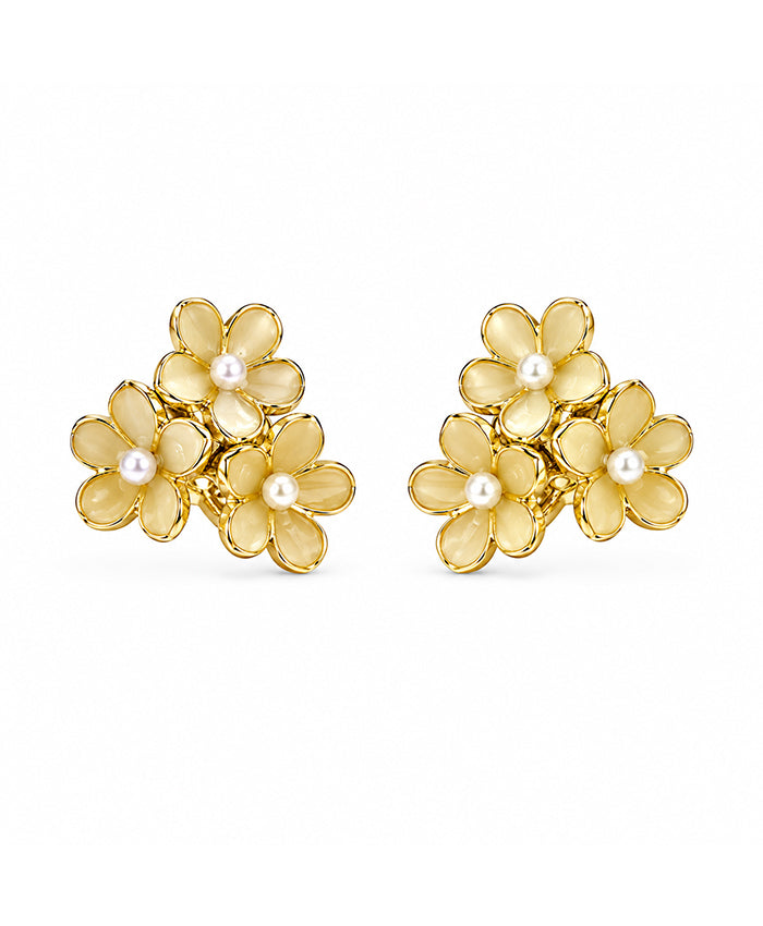 Golden Floral Cluster Pearl Stud Earrings