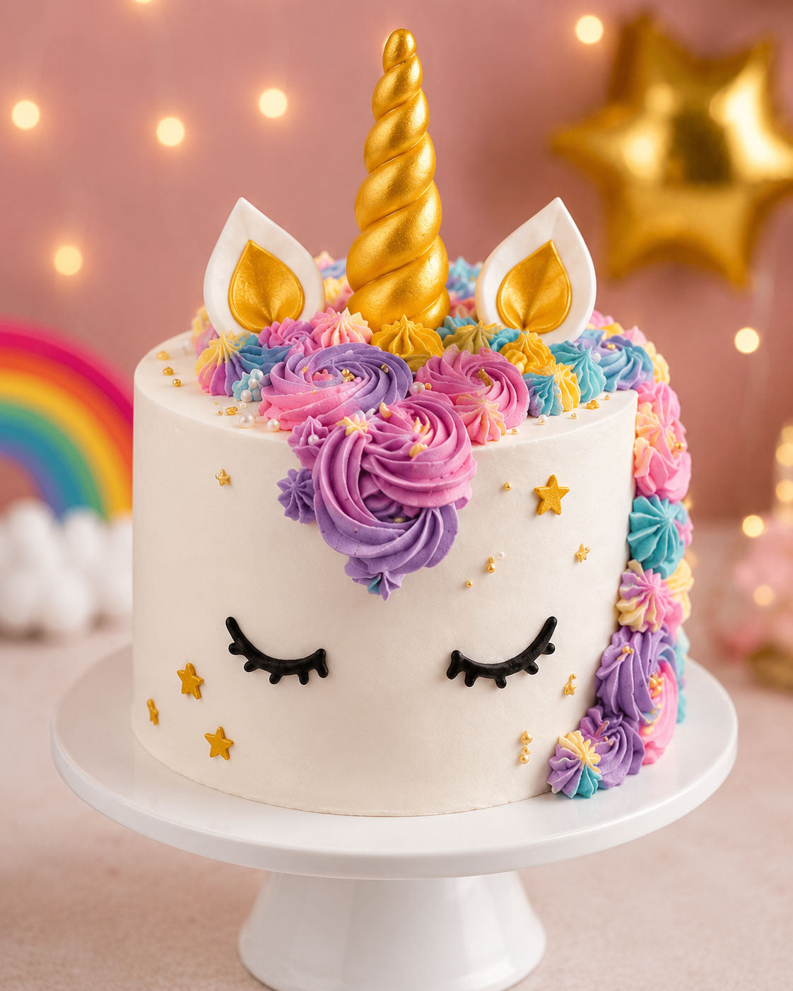 Golden Horn Floral Unicorn Cake