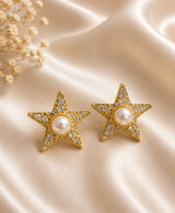 Golden Star Pearl Stud Earrings with Crystal Detailing