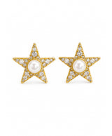 Golden Star Pearl Stud Earrings with Crystal Detailing