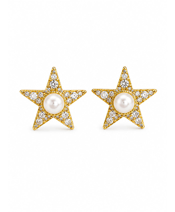 Golden Star Pearl Stud Earrings with Crystal Detailing