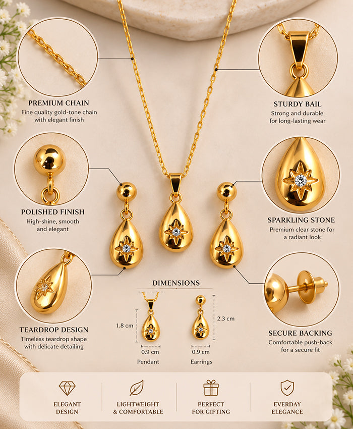 Golden Teardrop Crystal Necklace & Earrings Set