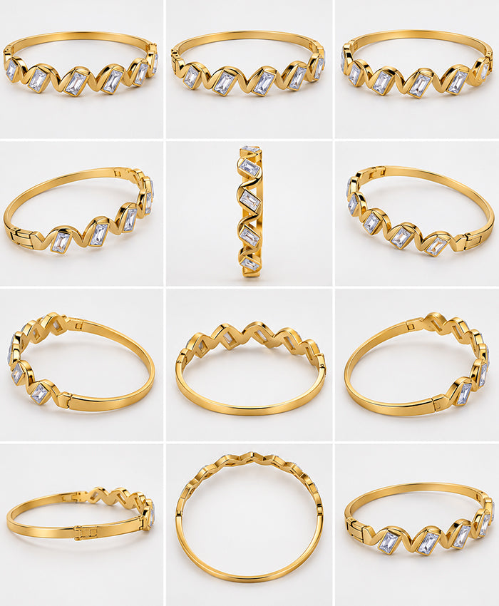 Golden Wave Crystal Bangle – Elegant Rectangular Stone Bracelet
