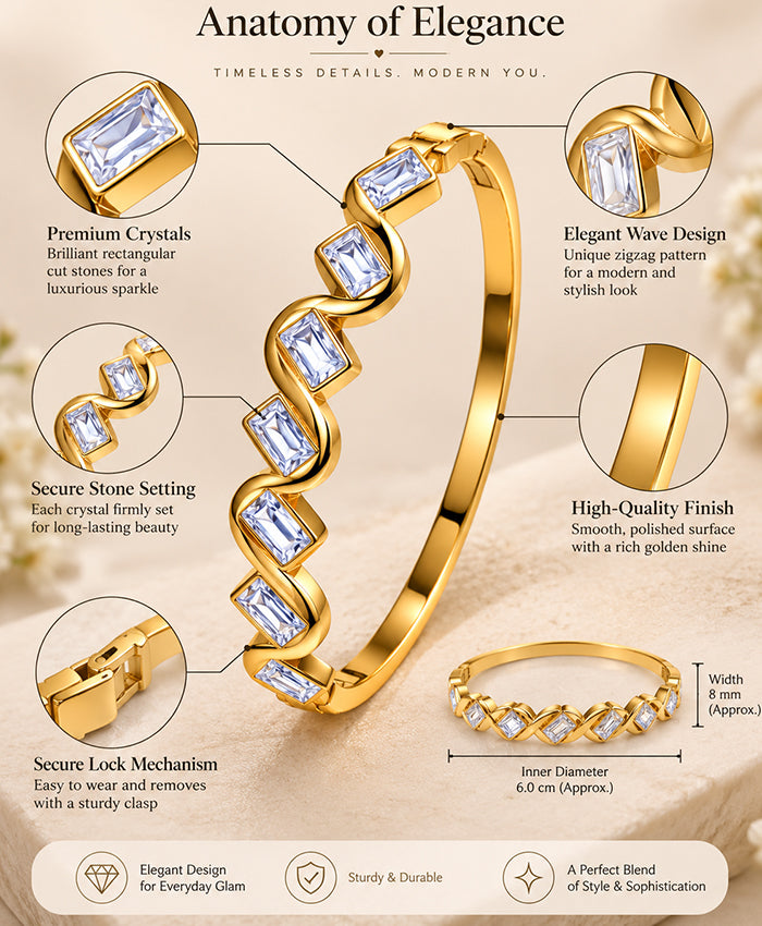 Golden Wave Crystal Bangle – Elegant Rectangular Stone Bracelet