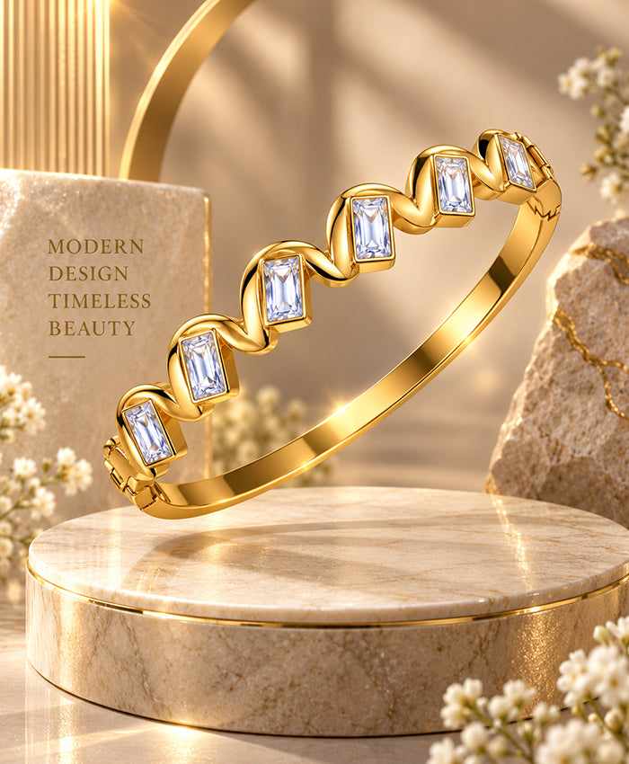 Golden Wave Crystal Bangle – Elegant Rectangular Stone Bracelet
