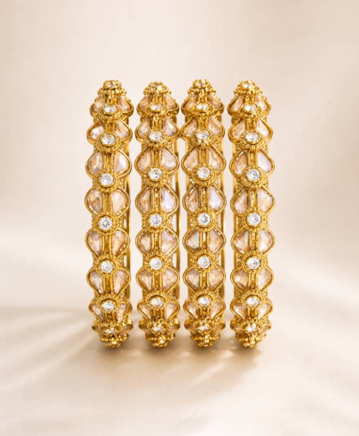 Golden Crystal Floral Bangle Set